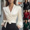 Spring Autumn V-Neck Elegant Satin Tie Waist Blouse - Stylish Office Commute 100% Polyester Women's Shirt
