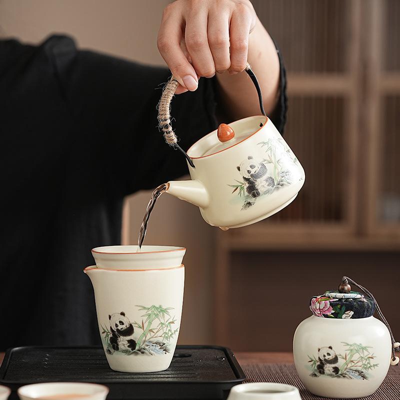 Ru kiln panda kung fu tea set Chinese home meeting room light luxury tea tray teapot tea cup travel small set