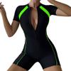 Women's One-piece Solid Color Patchwork Flat Angle Short Sleeved Zippered Swimsuit