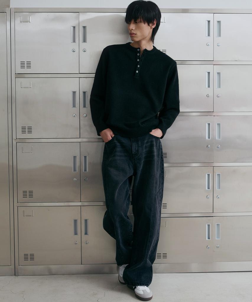 NODU Daily Plain Henley Neck Knit [Black]