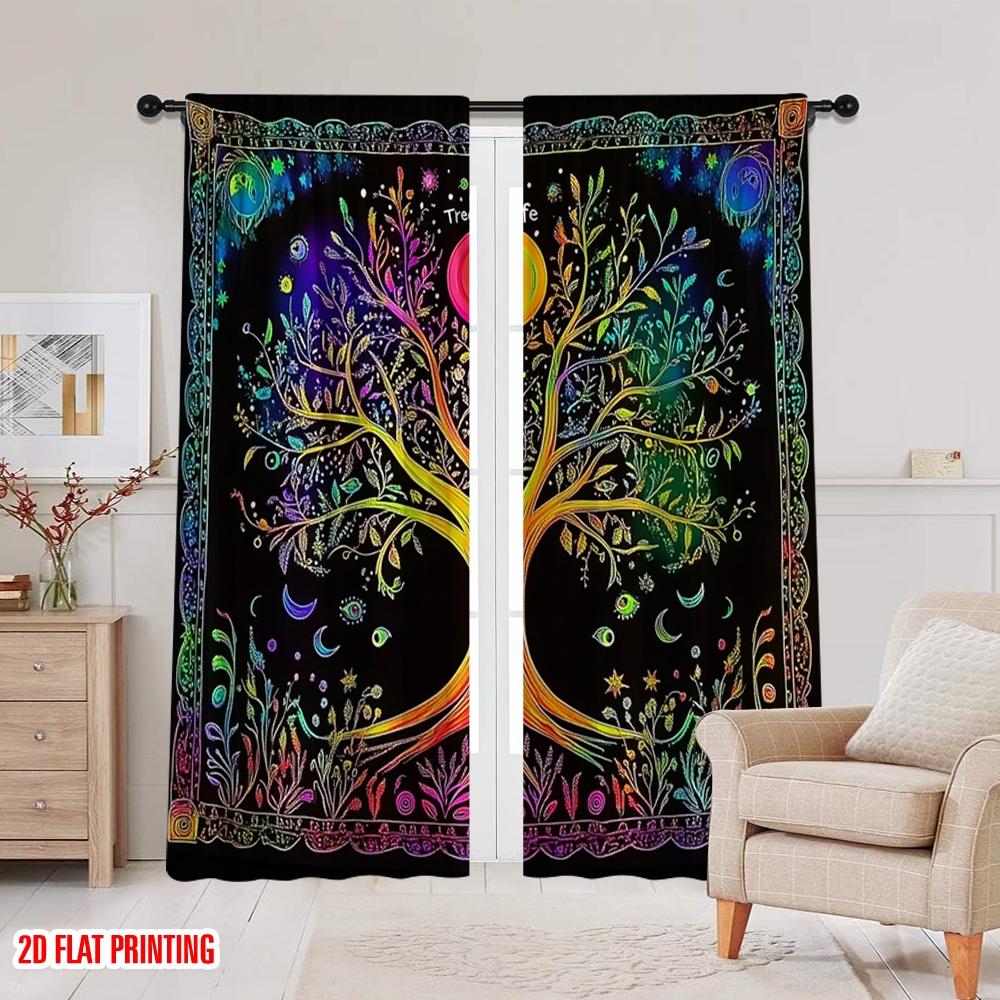 2Pcs Tree Of Life Curtains For Bedroom Moon Colorful Popular Curtains For Living Room Office Kitchen