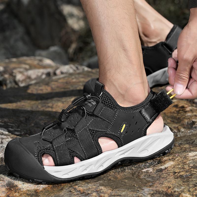 Summer Men's Hollow Leather Beach Sandals Toe Cap Outdoor Sports Shoes Handmade Mesh Shoes