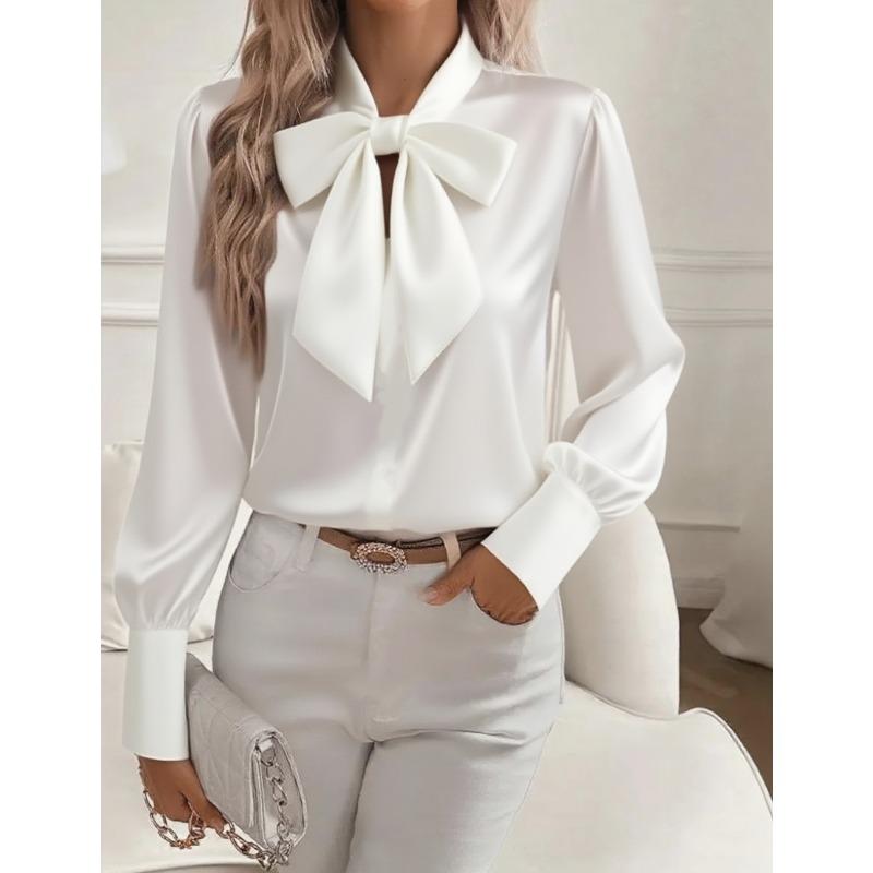 Autumn Long Sleeved Bow Satin Women's Blouses & Shirts