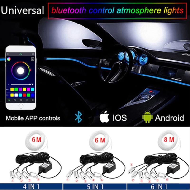 6 in 1 Led Car Interior Atmosphere Ambient Lights 6/8m RGB Neon Interior Ambient Light by App Control Fiber Optic Strips Light