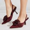 Fashion Burgundy Satin Flower Design High-heeled Sandals Women Fashion Pointed Toe Slingback Dress Shoes Elegant Wedding Bridal Shoes