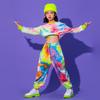Kids Streetwear Sport Outfit Girls Hip Hop Two-Piece Suits Color Graffiti Sweatshirt + Jogger Pants Teens Jazz Street Dance Costume Plus Size