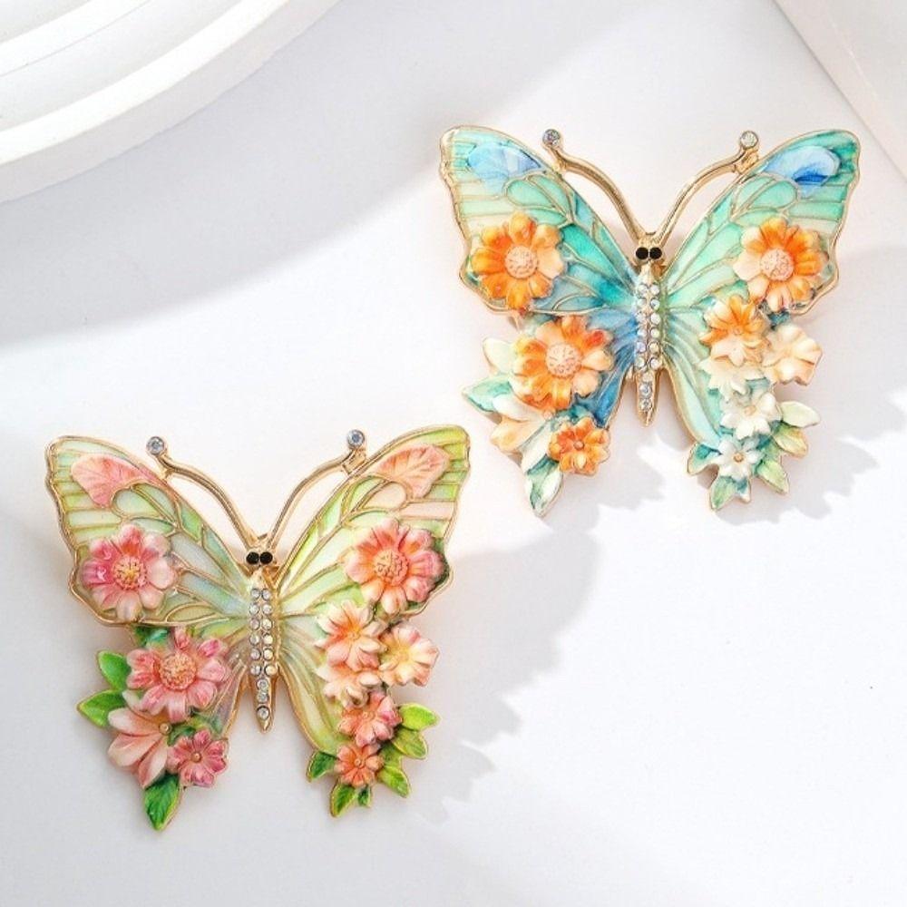 Enamel Big Flower Butterfly Brooches Rhinestone Enamel Lapel Pin Cloisonne Butterfly Badge Lady