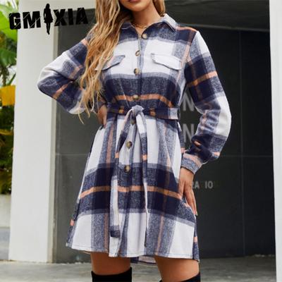 Женские модные осенне-зимние однотонные повседневные платья в клетку с длинным рукавом и воротником-поло с высокой талией