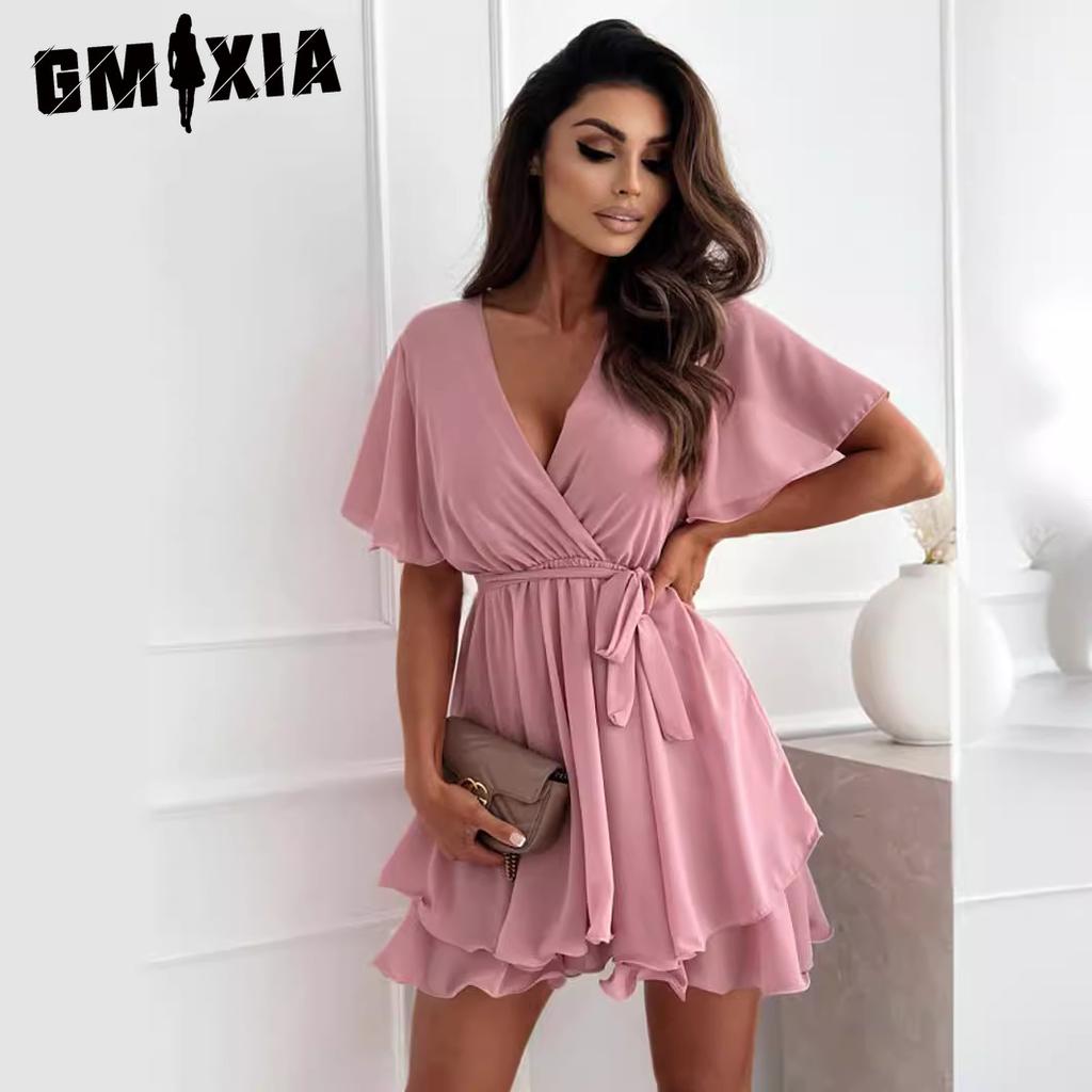 GMXIA Женское летнее сексуальное мини-платье с V-образным вырезом и перекрестными бретелями, шифоновое платье с баской