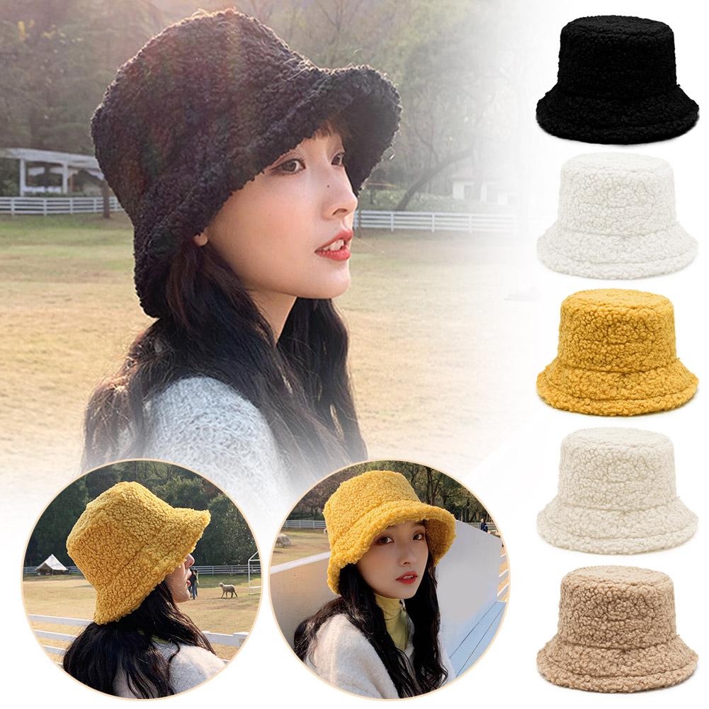 Women's New Versatile Net Red Lamb Hair Fisherman Hat Korean Bucket Classic Hat Solid Basin Fas E0K4