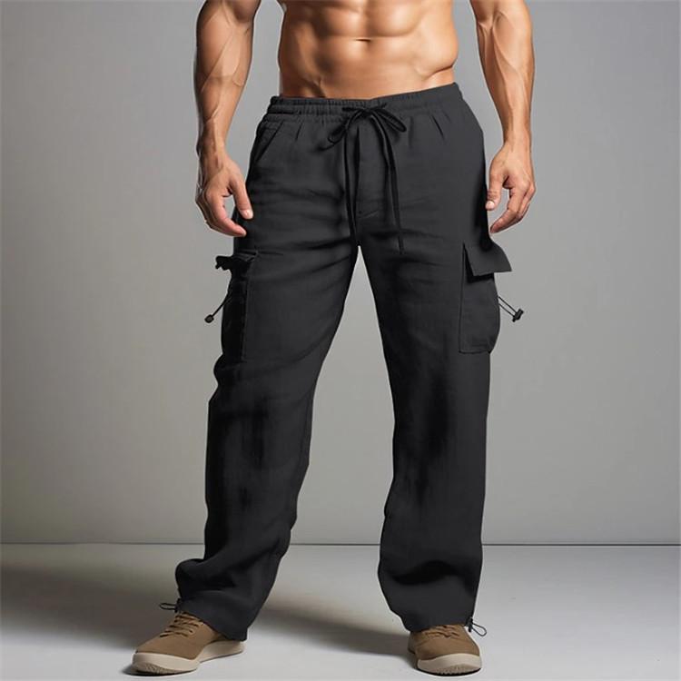 Men's Jogging Trousers Cotton Trousers Summer Beach Trousers Drawstring Elastic Waist Multi-pocket Solid Colour Breathable Casual Work Trousers