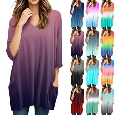 Женские топы с V-образным вырезом и рукавом 3/4 Блузки Повседневные рубашки средней длины Модные принты Туники Топы с карманами