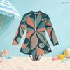 Girls High Neck Long Sleeve One Piece Printed Swimsuit Front Zip Skirt Hem Beachwear