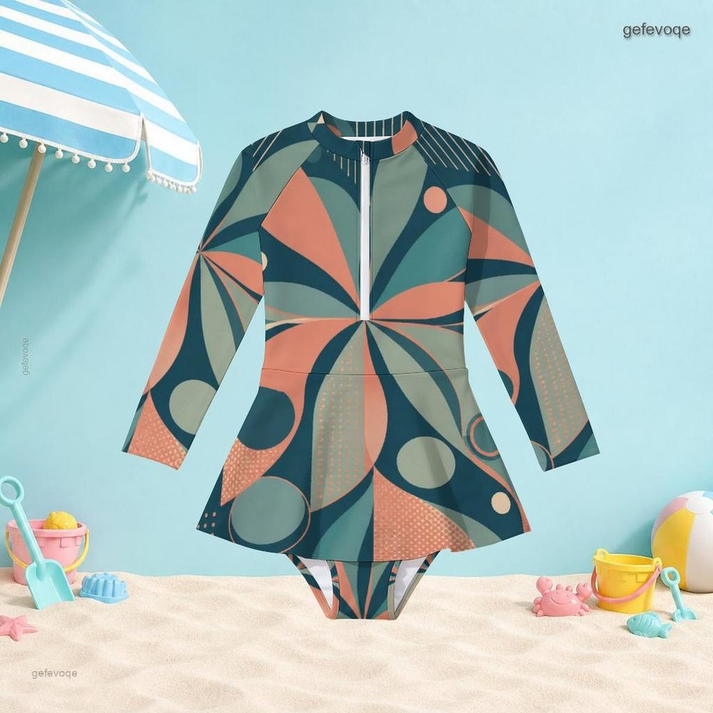 Girls High Neck Long Sleeve One Piece Printed Swimsuit Front Zip Skirt Hem Beachwear