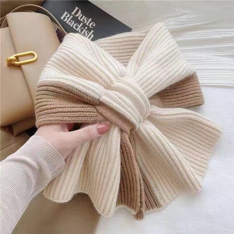 Japanese Scarf Women's Short Autumn/Winter Cross Knitted Scarf Korean Edition Color Blocked Versatile Winter Warm Neck Protection Internet Red Trend