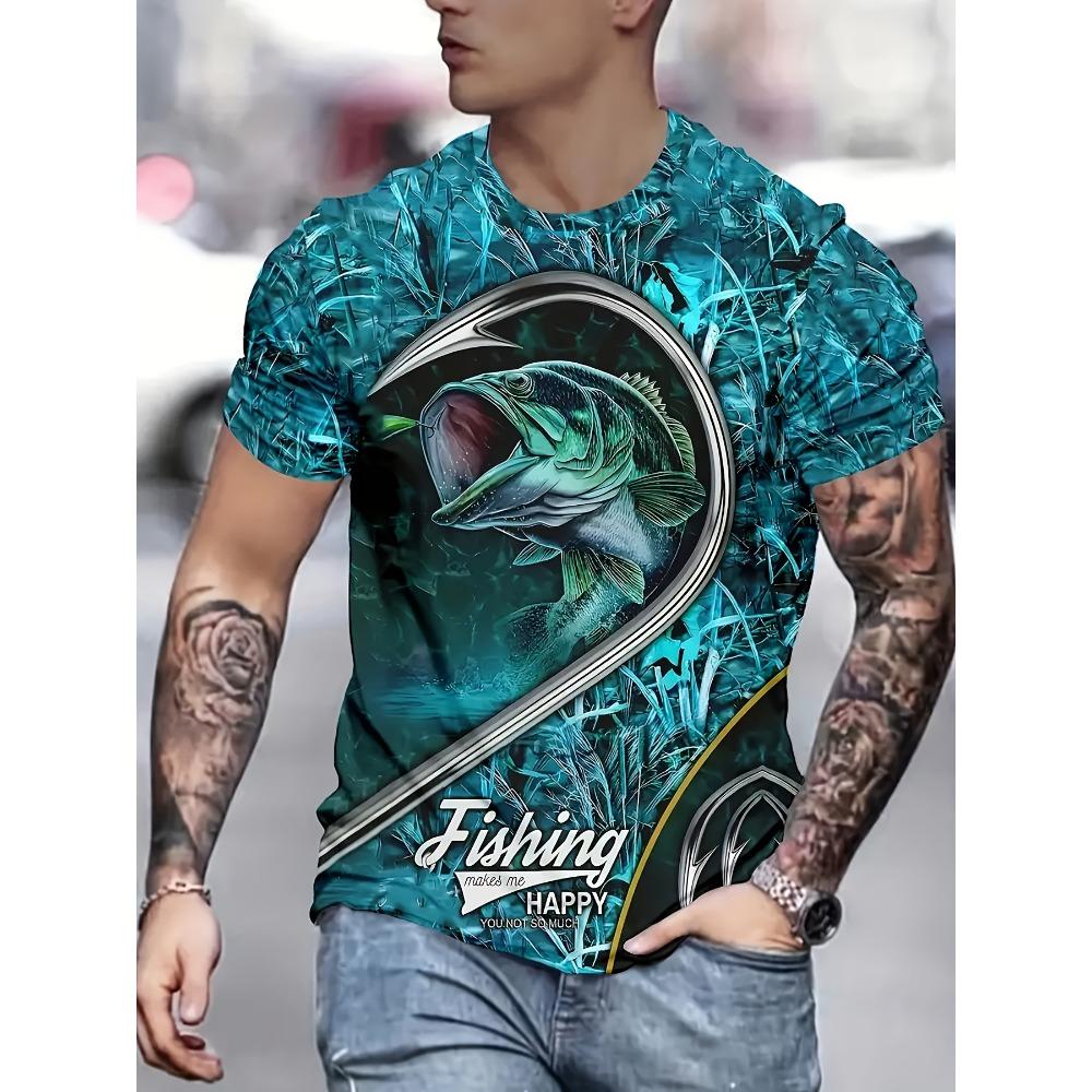 Мужская повседневная футболка с коротким рукавом, 3D принт рыболовного крючка и рыбы, дышащий быстросохнущий полиэстер, круглый вырез, легкая эластичность