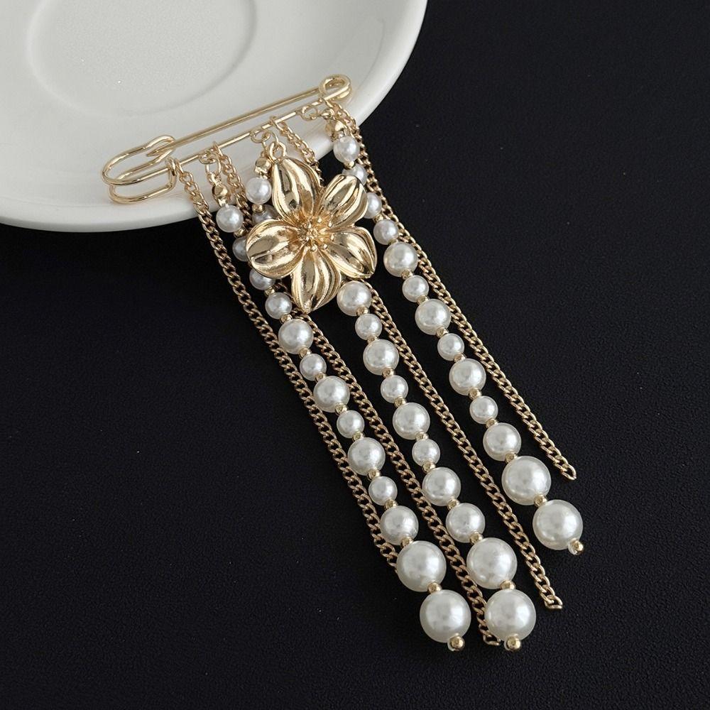 Flower Tie Collar Needle Pearl Multi-layer Chains Pin Tighten Waist Clip Long Tassel Brooch  Women