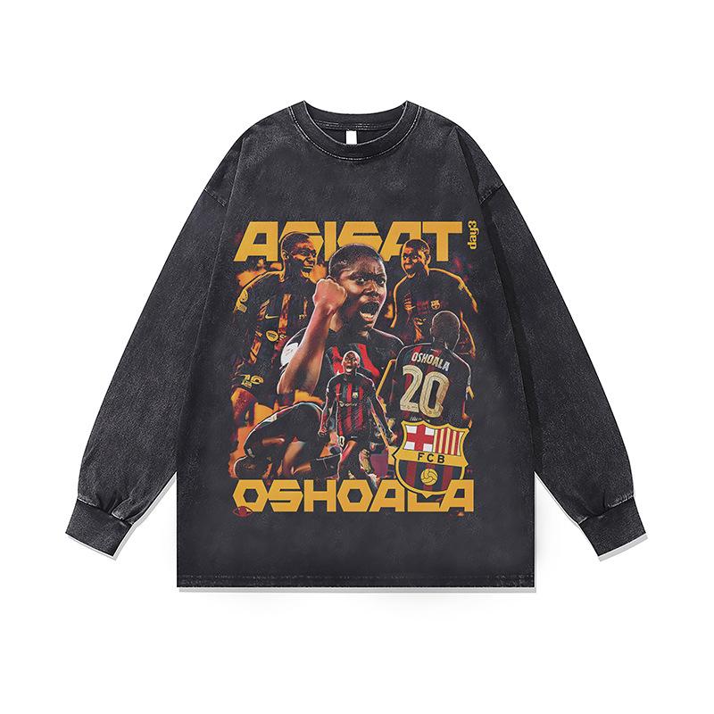 Хип-хоп Рэп Портрет Принт Винтажная Стирка Длинный Рукав Футболка Осень и Зима Свободная Хлопок Круглый Вырез Базовая Футболка Для Мужчин