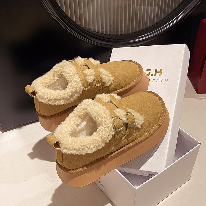 Модные зимние женские сноубутсы с круглым носком, двойной пряжкой, горячая распродажа 2024, на толстой подошве, теплый плюш, средний каблук, водонепроницаемые, повседневные женские туфли