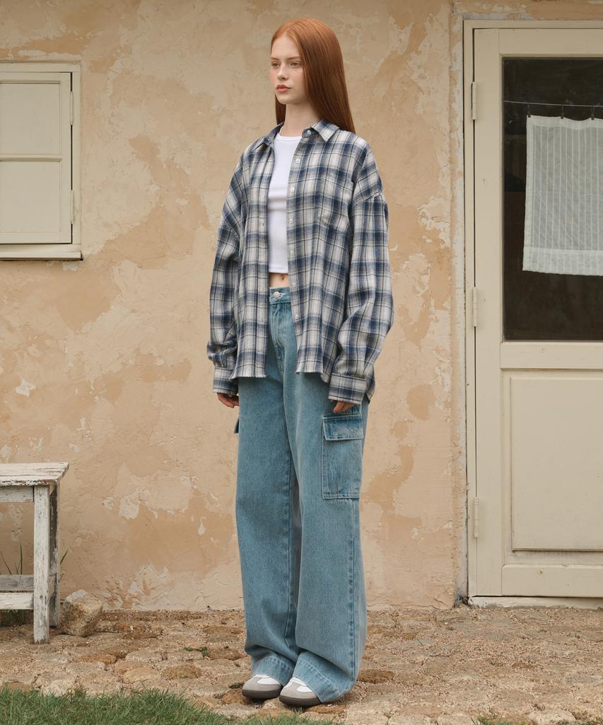 LOSSYROW Oversized Checkered Shirt Blue