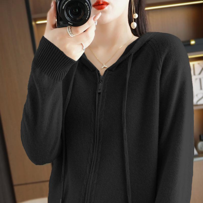 Модный кардиган с капюшоном на молнии для женщин, однотонный свитер на осень и зиму, повседневный универсальный свитер, трикотаж
