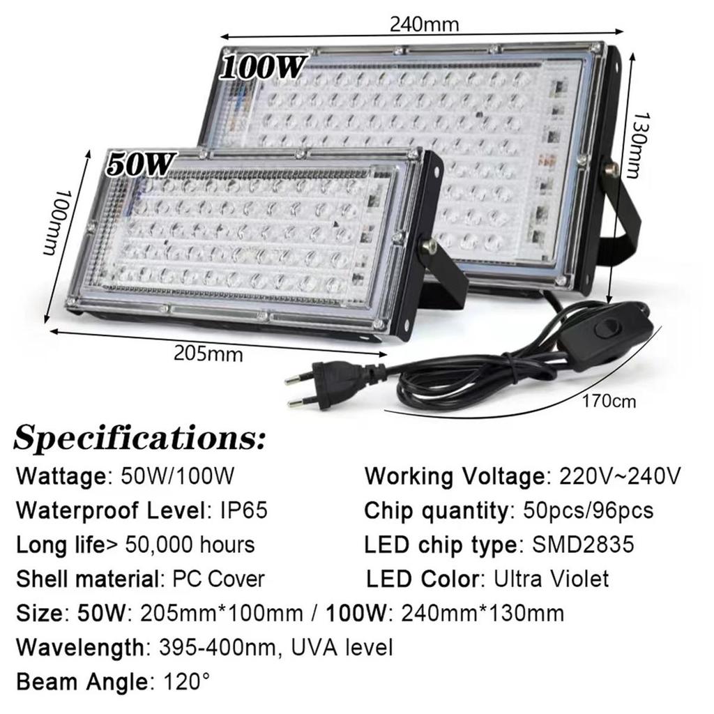 Светодиодный УФ-прожектор 50 Вт 100 Вт 395 нм Prosite Purple-light 240 В ультрафиолетовый свет ультрафиолетовая лампа прожекторы фиолетовый бактерицидный озон