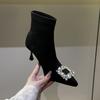 Suede Autumn and Winter New Rhinestone Square Buckle Elastic Thin Short Velvet Tube Boots Korean Version Pointed Head Thin Heel High Heel Short