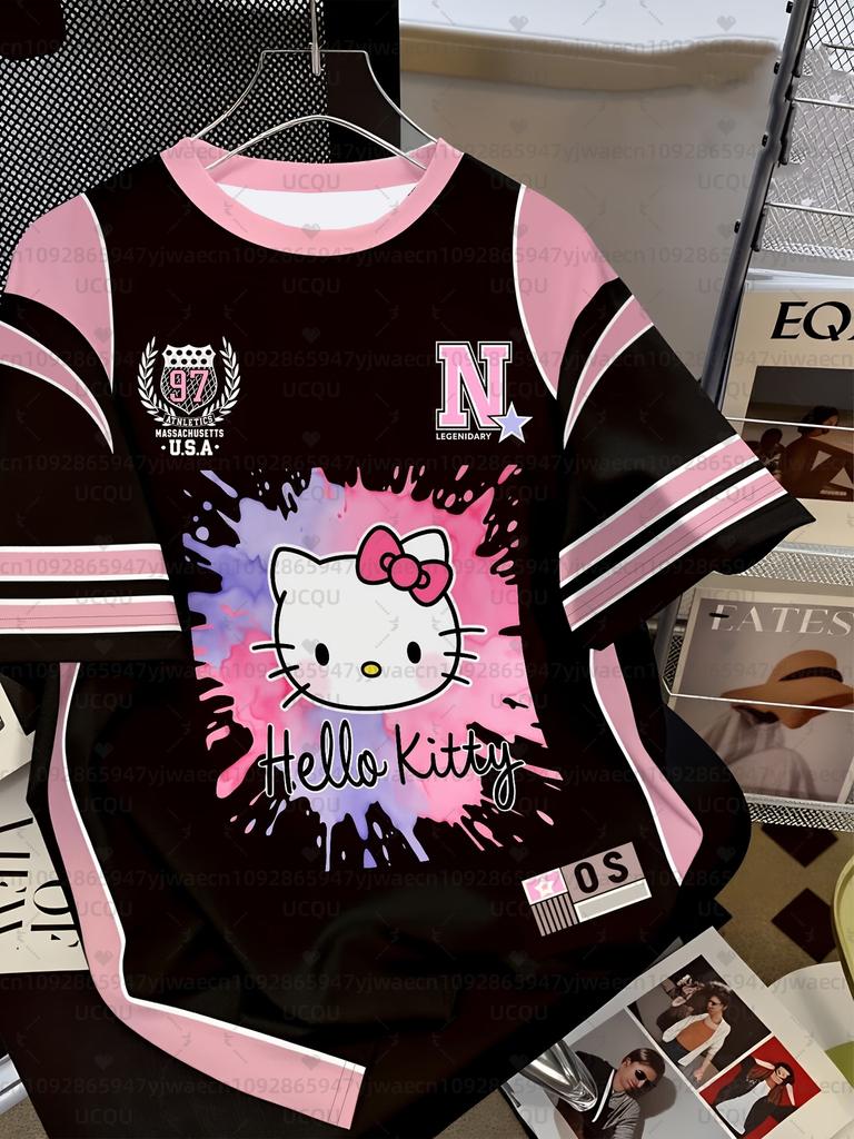 Летняя женская повседневная футболка с 3D-принтом Hello Kitty, милая футболка для активного отдыха, футболка с круглым вырезом