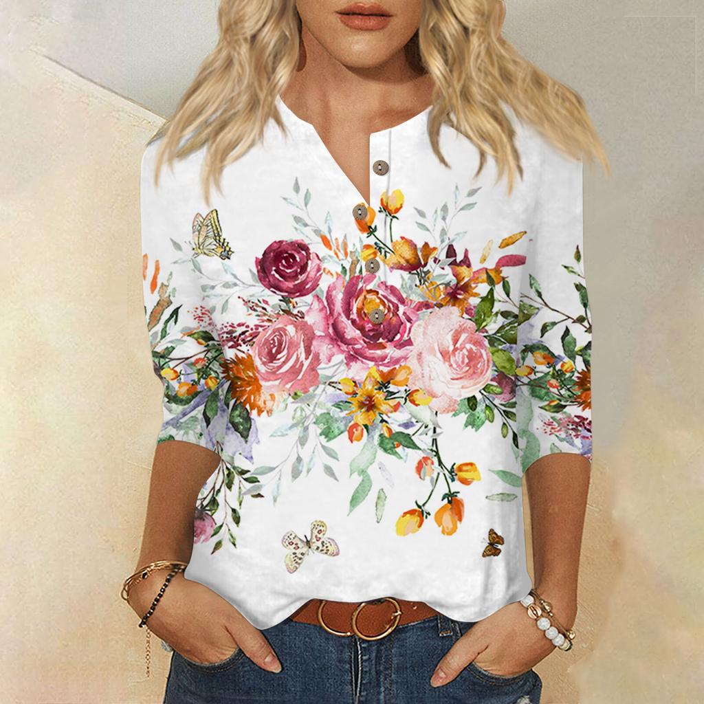 3/4 Sleeve Shirts For Women Cute Flowers Print Graphic Tees Blouses Casual Plus Size Basic Tops Pullover