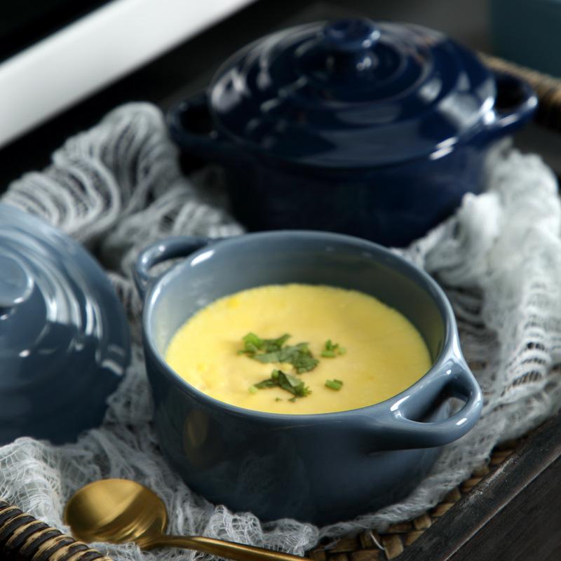 JUSTINLAU Кухонная миска с двумя ручками, керамическая глазурованная миска для выпечки с крышкой, домашняя миска для завтрака, миска для пудинга из яиц на пару, суповые миски