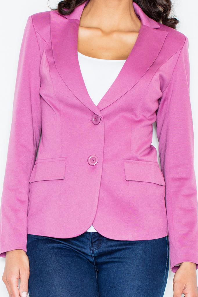 Women' knitted jacket fastened with two buttons, fitted - Pink jacket M085 size