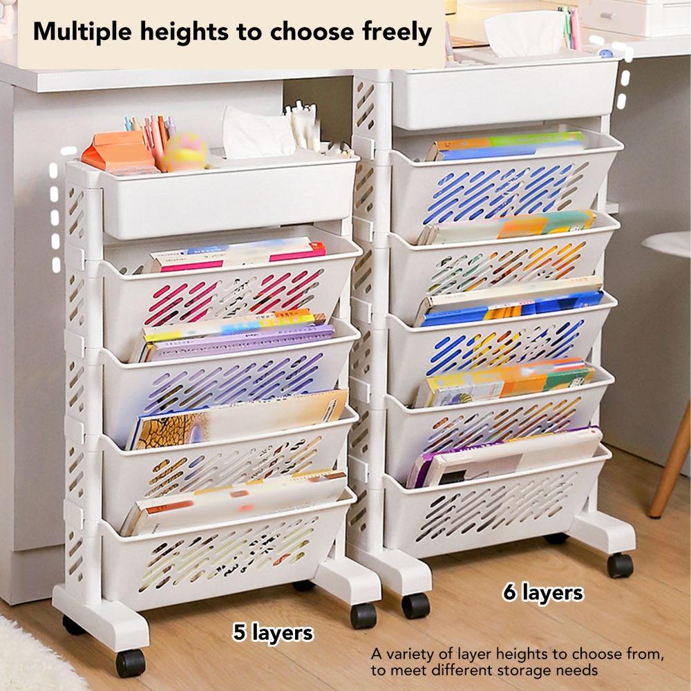 Plastic Rolling Bookshelf Removable Storage Cart Durable Mobile Bookcase Space Saving