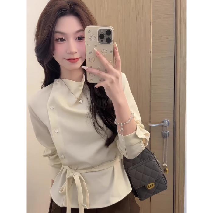 Original Fabric Asymmetrical Draped Collar Long Sleeve Women's Shirt with Diagonal Placket & Tie Waist in Apricot