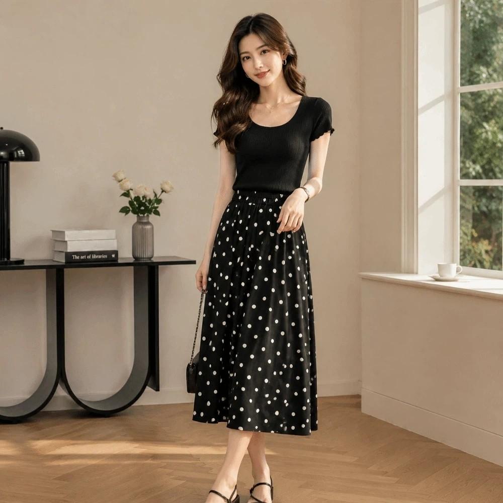 Slim Fit A-Line Skirt Elastic Waist Half-length Dress Vintage Polka Dot Skirt Work to Weekend