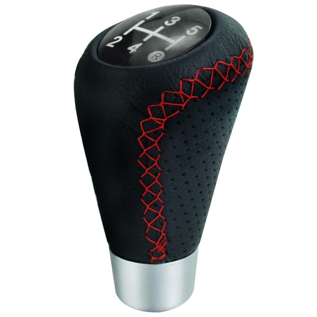 Lunsom 5 Speed Shift Knob PU Leather Car Gear Shift Lever Shift Knob Replacement for Manual Car (Red Stitch)