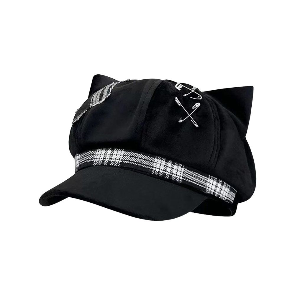 Plaid Pattern Cat Ear Beret Adjustable Beret Hat Fashion Newsboy Cap Women Men