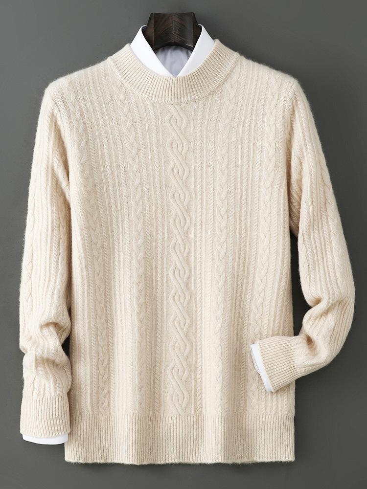 Men's 2025 Autumn/Winter High Neck Cashmere Jacquard Pullover - Thick Knit Base Layer Wool Sweater, Solid Color Trend.