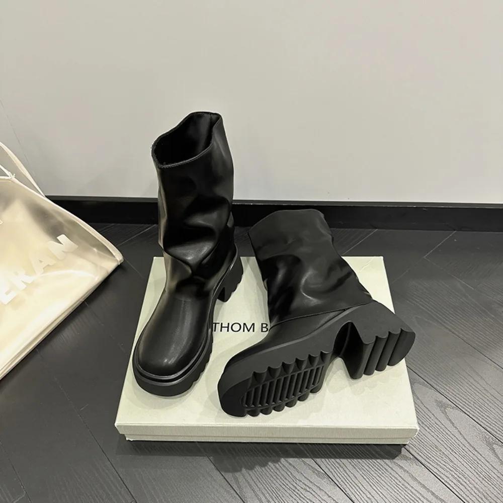 Короткие сапоги на платформе женские 2024 осень и зима новые водонепроницаемые сапоги на платформе универсальный дизайн Sense кожаные женские сапоги обувь