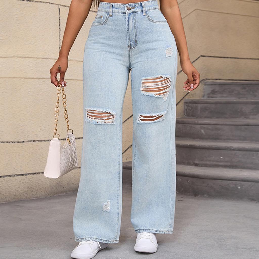 Jeans Women's Ripped Pocket Retro High Waisted Straight Leg Pants