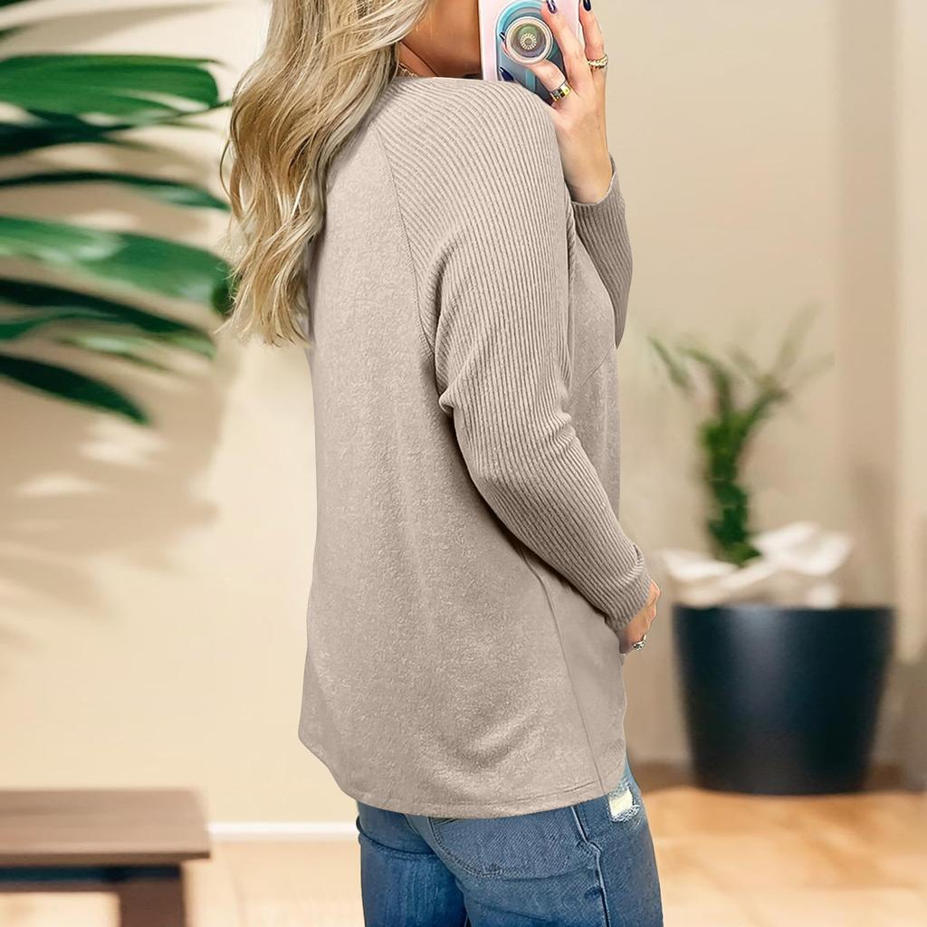 Женский однотонный топ с V-образным вырезом и длинными рукавами