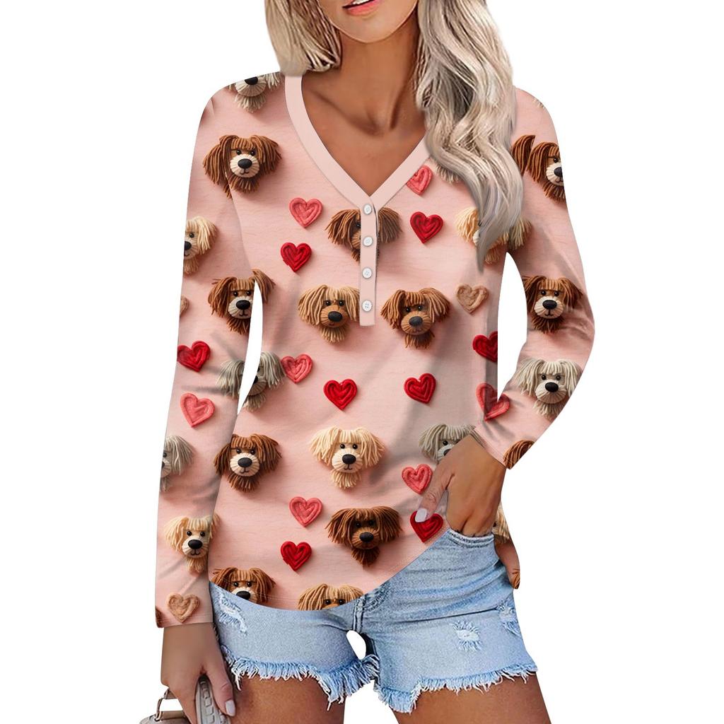 Женский модный повседневный топ с длинным рукавом и V-образным вырезом на пуговицах ко Дню святого Валентина с принтом в виде сердца
