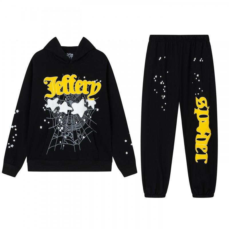 Spider Web Print Hooded Sweatshirt Set Unisex Oversized Streetwear Fleece Lined Long Sleeve Pullover