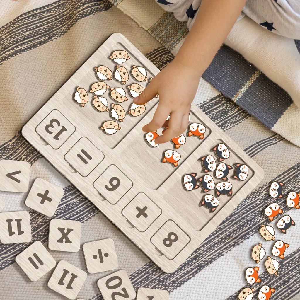Деревянный набор-поддон с арифметической доской, блоки с цифрами и доска-игра с животными для счета, раннее развивающее игрушечное для детского сада, малышей