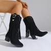 2025 New Women's Fashion Boots Pointed Toe Rough Heel Side Zipper Rivet Tassel Mid-tube Boots Retro Western Cowboy Women's Boots