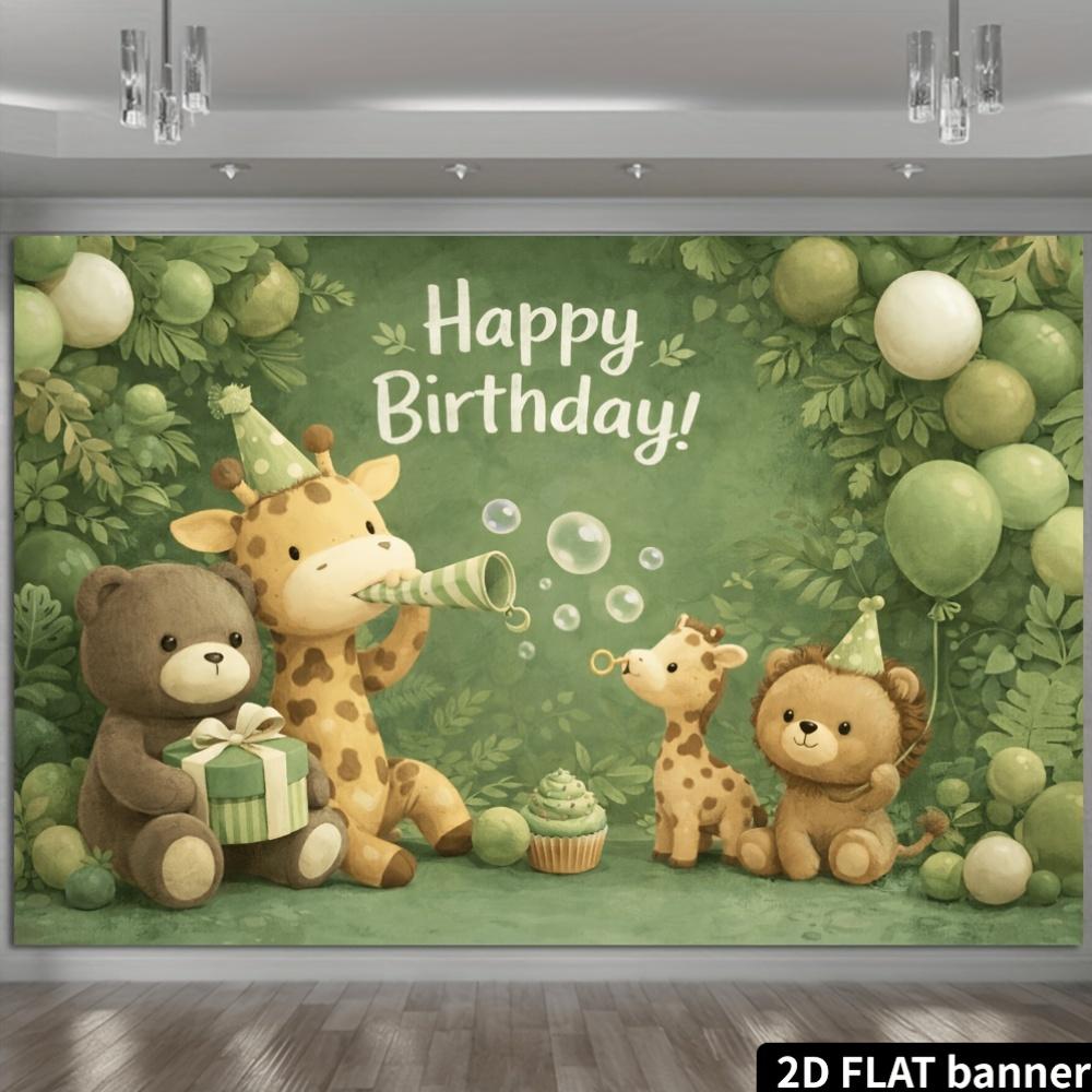 2D flat style birthday party banner background - Cute animal theme featuring elements of brown bears giraffes and little lions