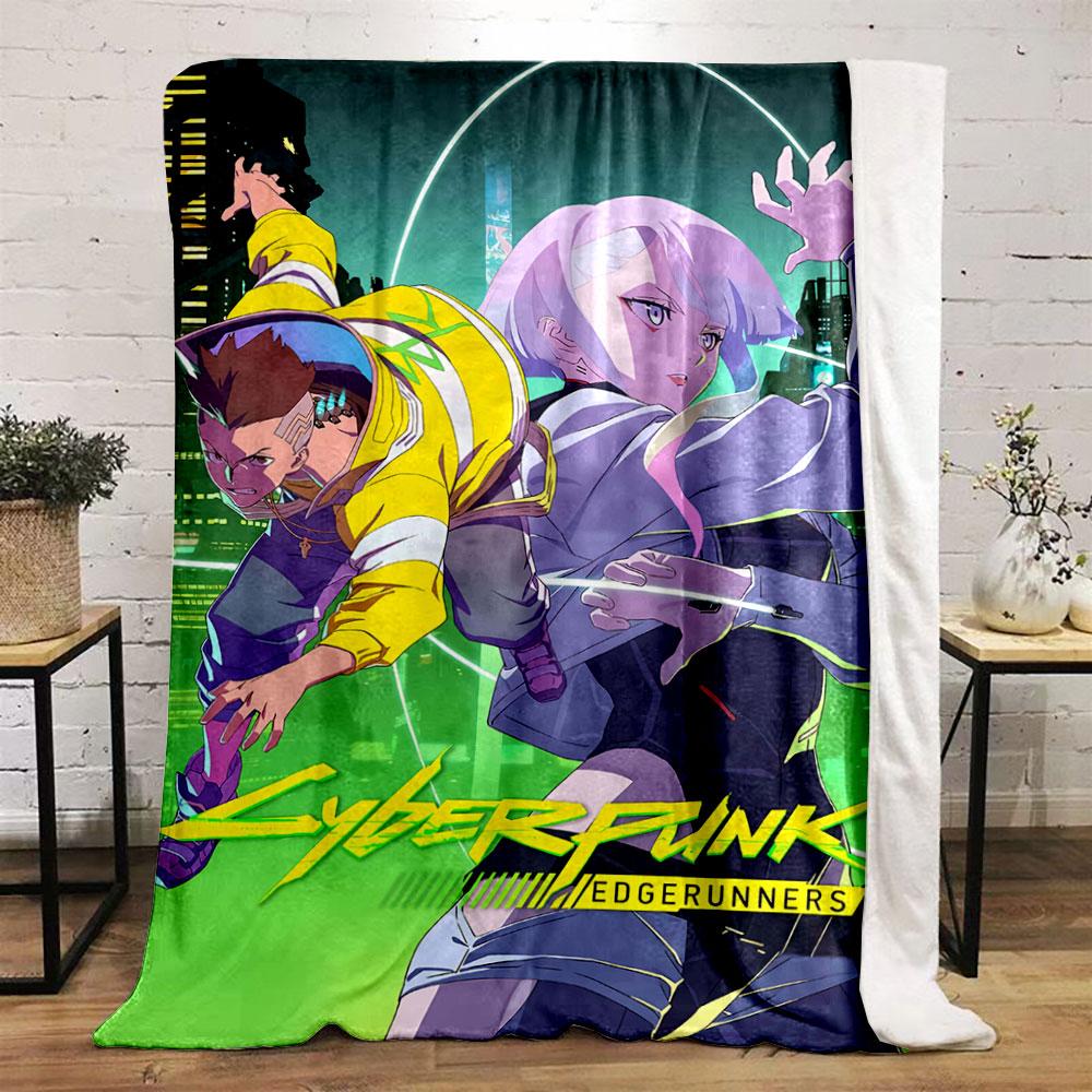 Two stylized characters in dynamic poses with neon-lit urban backdrop. for all seasons blanket lunch break throw gift
