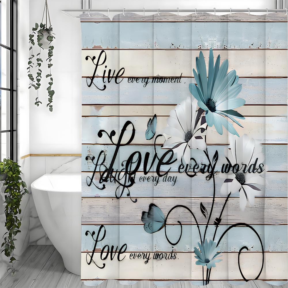 Сине-белая ромашка бабочка деревянная панель цитата шторка для душа, декоративная шторка для душа для ванной, водонепроницаемая шторка для душа с H