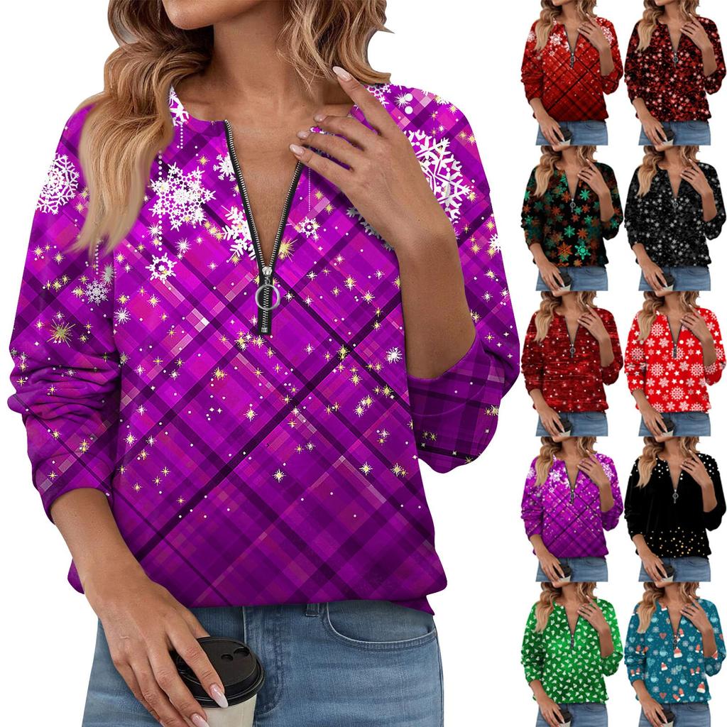 Women Casual Long Sleeve Basic Quarter Zipper Print Flowers Pullover Sweatshirts Casual Top Fall Clothes