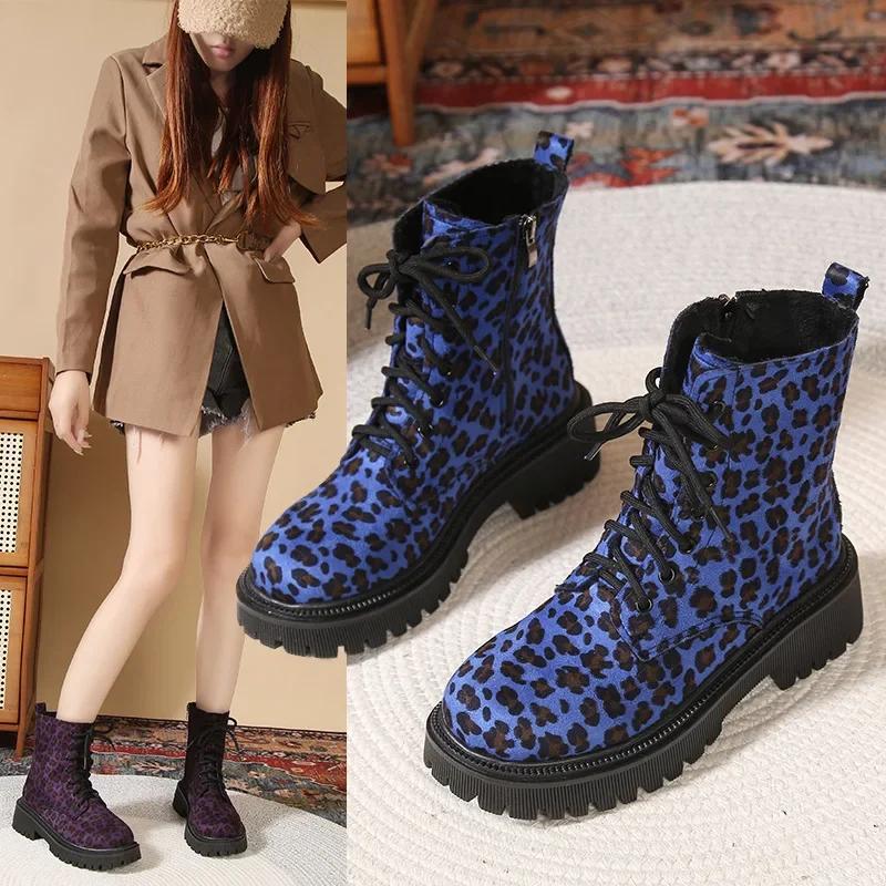 Fashion European American Leopard Print Short Boots 2024 Autumn Winter British Style Thick Soled Short Tube Motorcycle Boots for Women
