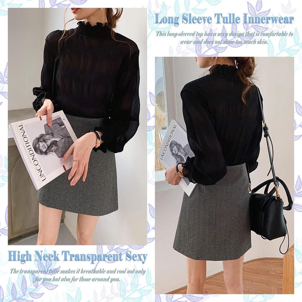 Маленький прозрачный топ с высоким воротом и длинным рукавом, тюлевая сексуальная блузка с кружевом, прозрачный плиссированный зимний свободный [fourfivesix Хару] Внутренний, Прозрачный для многослойности,
